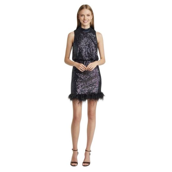 NWT Eliza J Black Feather Trim Sequin Blouson Mini Dress - Picture 1 of 8
